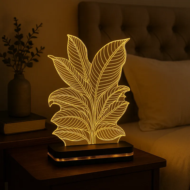 3D LED Leaf Design Acrylic Night Lamp – Warm White Decorative Table Light with Wooden Base