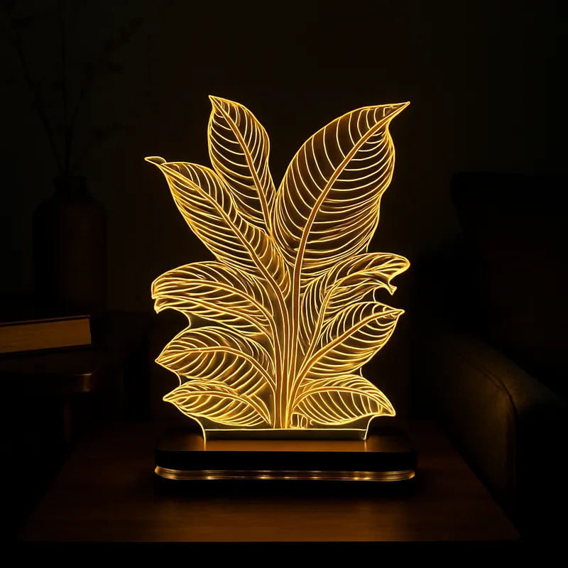3D LED Leaf Design Acrylic Night Lamp – Warm White Decorative Table Light with Wooden Base