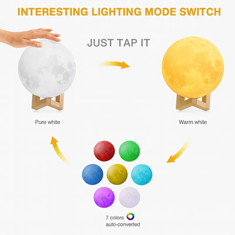 3D Moon Lamp Touch Control LED Night Light with Wooden Stand