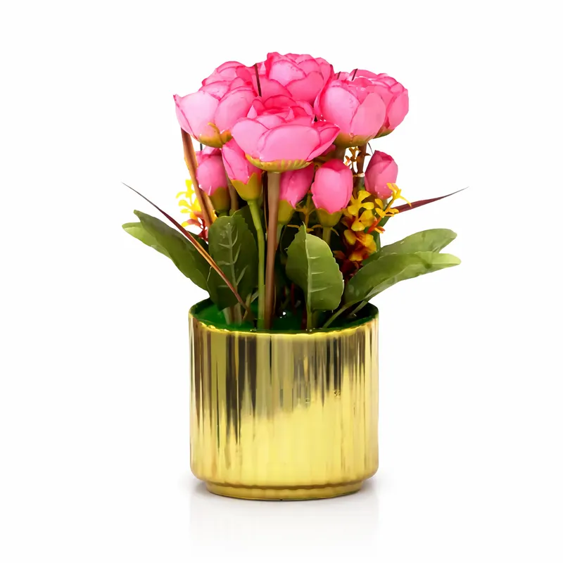 Artificial Rose Flower Pot with Golden Vase | Decorative Table Top Plant for Home & Office