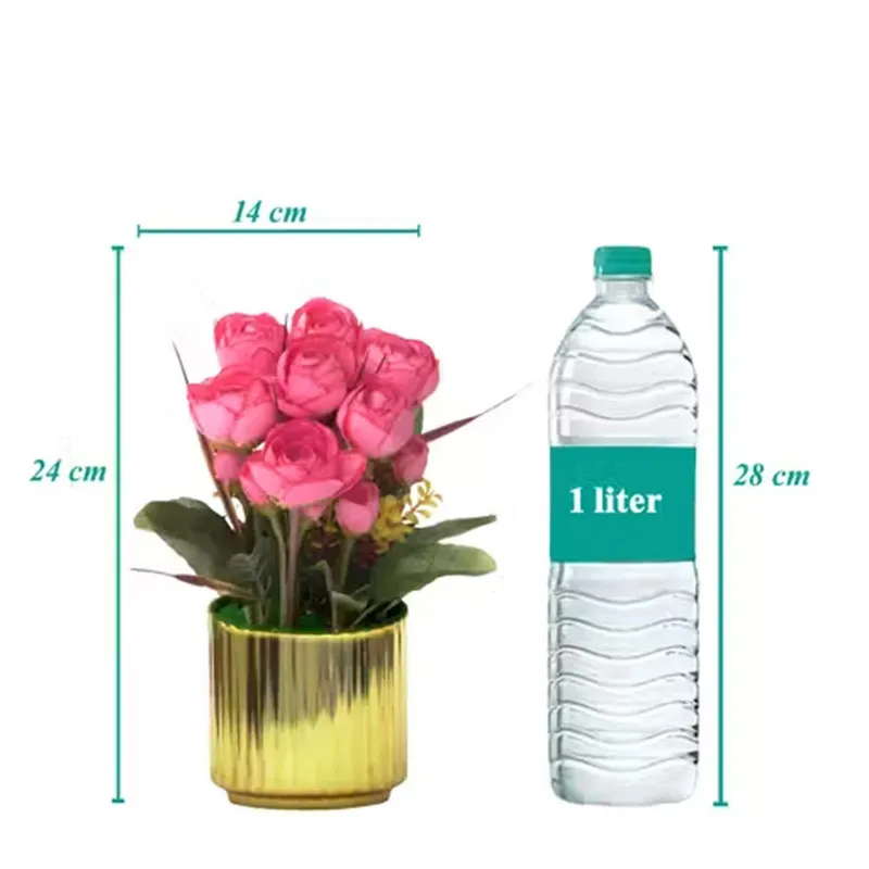 Artificial Rose Flower Pot with Golden Vase | Decorative Table Top Plant for Home & Office