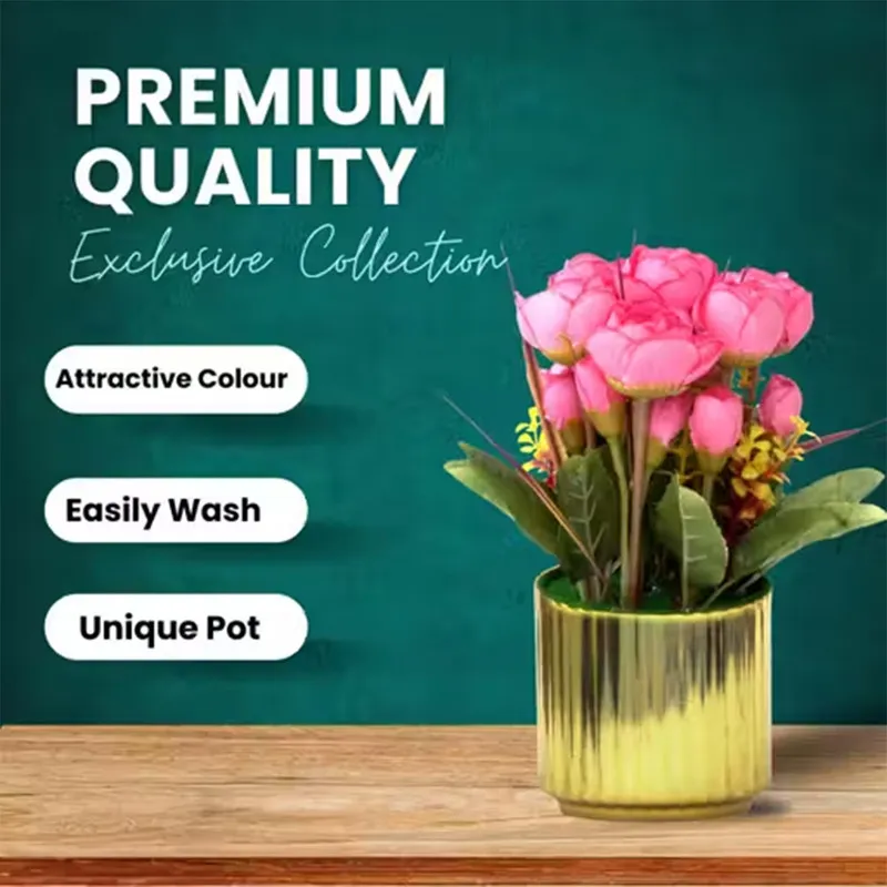Artificial Rose Flower Pot with Golden Vase | Decorative Table Top Plant for Home & Office