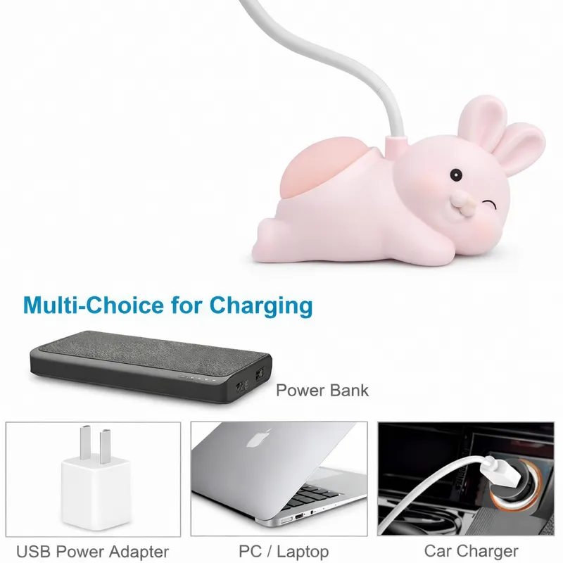 Cute Bunny LED Study Lamp | USB Rechargeable Eye-Caring Desk Lamp with Flexible Neck