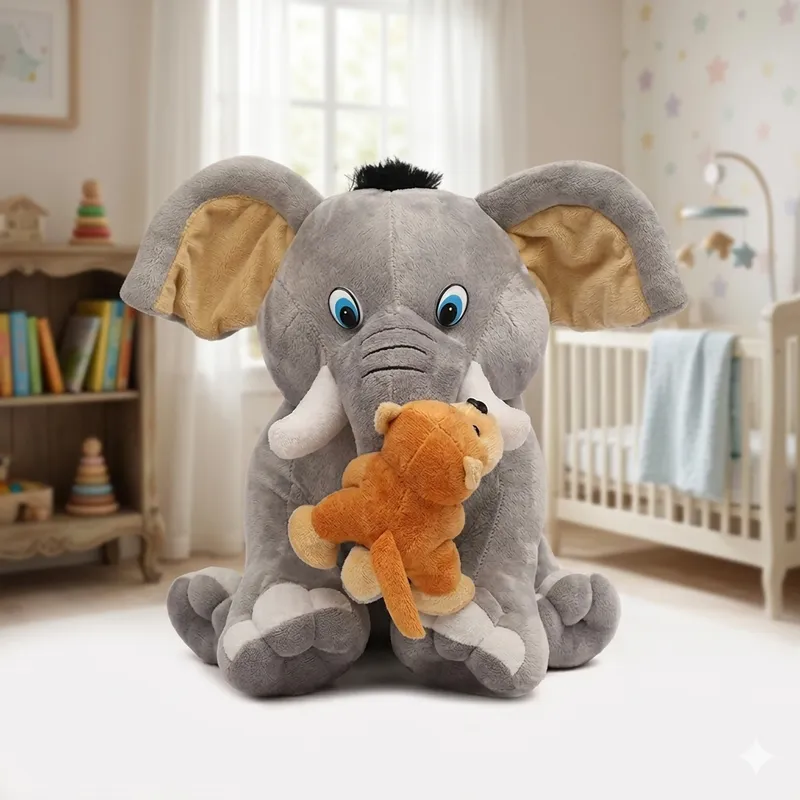 Cute Elephant Soft Toy with Baby Monkey (35 cm) – Plush Stuffed Animal Toy