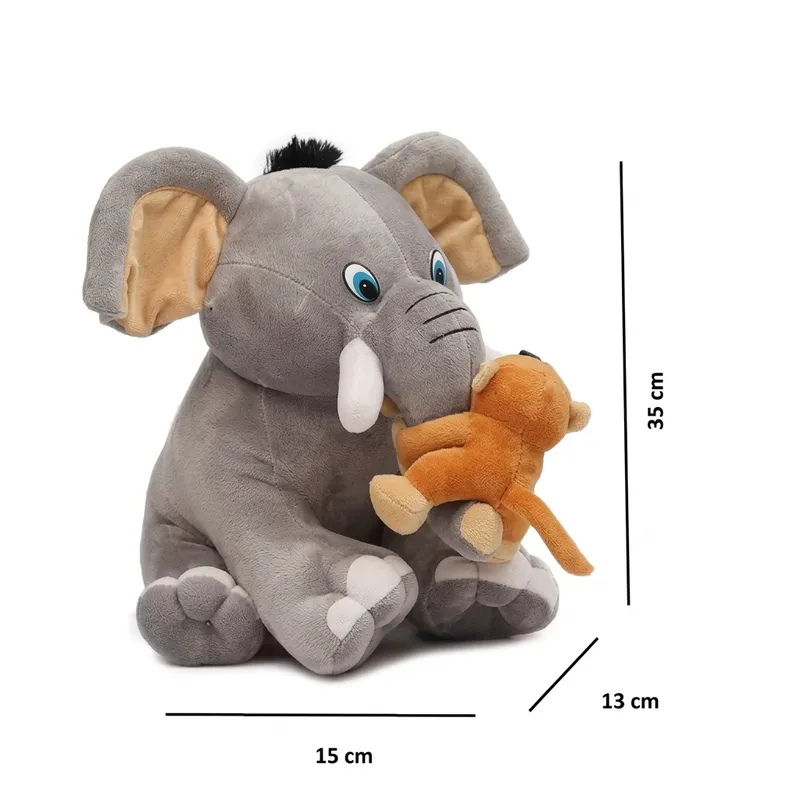 Cute Elephant Soft Toy with Baby Monkey (35 cm) – Plush Stuffed Animal Toy