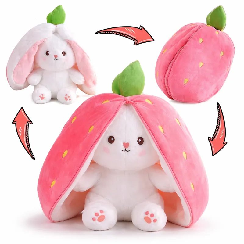 Cute Strawberry Bunny Plush Toy | Reversible Stuffed Soft Pillow | Kawaii Bunny Cushion for Kids & Gifts