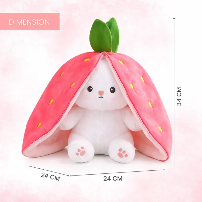 Cute Strawberry Bunny Plush Toy | Reversible Stuffed Soft Pillow | Kawaii Bunny Cushion for Kids & Gifts