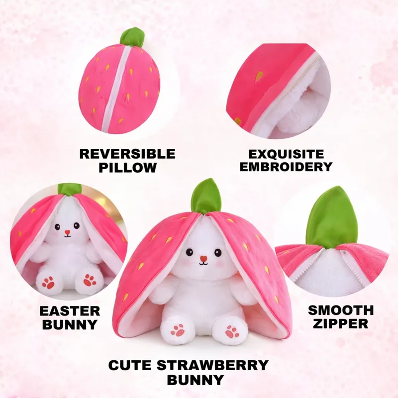 Cute Strawberry Bunny Plush Toy | Reversible Stuffed Soft Pillow | Kawaii Bunny Cushion for Kids & Gifts