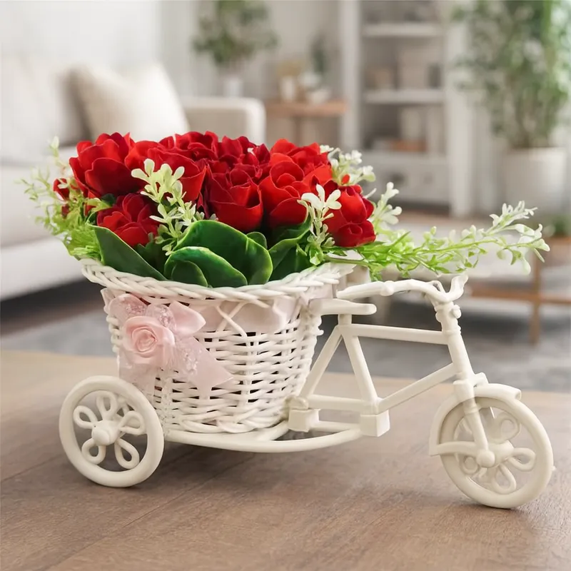 Decorative Cycle Flower Basket Showpiece with Artificial Roses
