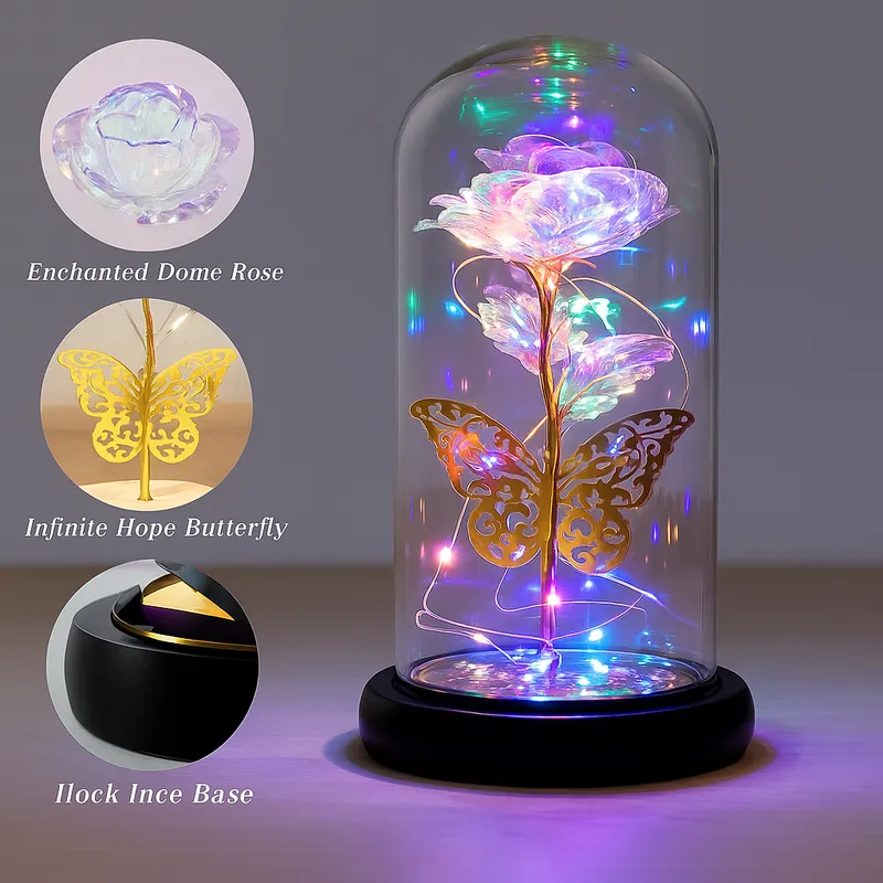 Eternal LED Rose Glass Dome with Butterfly| Romantic Night Lamp Gift