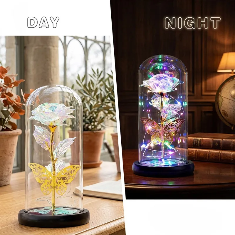 Eternal LED Rose Glass Dome with Butterfly| Romantic Night Lamp Gift