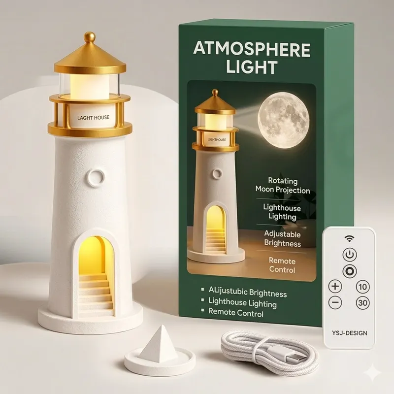 Lighthouse Moon Projection Lamp with Remote Control – LED Night Light, USB Rechargeable Atmosphere Lamp for Bedroom & Home Décor