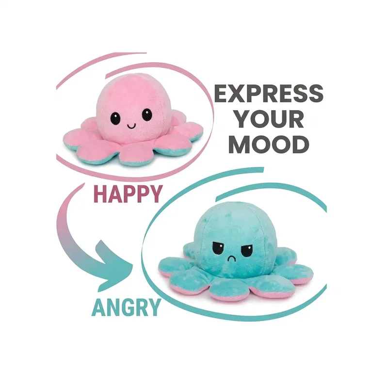 Reversible Octopus Soft Toy (20 cm) – Mood Flip Plush Toy with Happy & Angry Faces