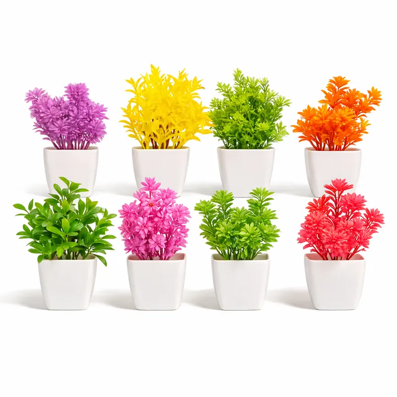 Set of 8 Artificial Mini Potted Plants | Colorful Decorative Fake Plants with White Pots for Home & Office Décor