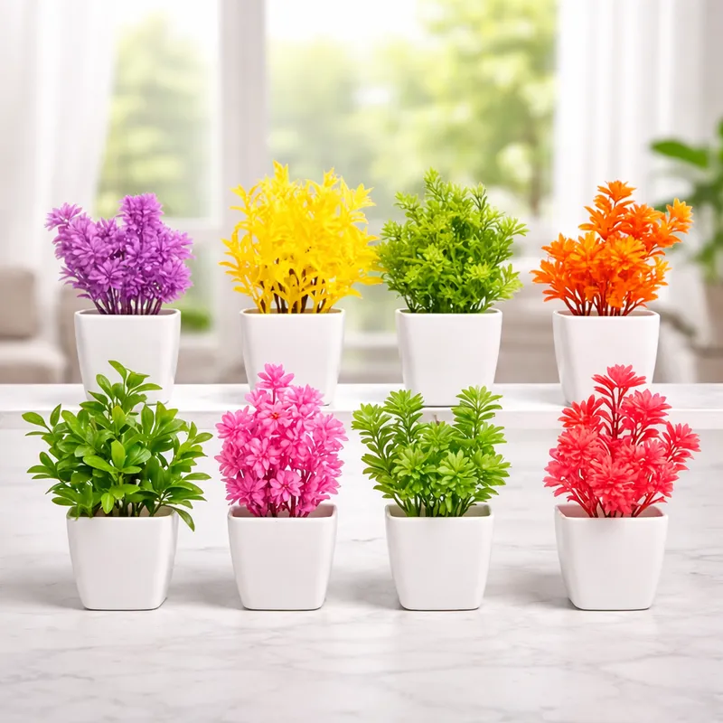 Set of 8 Artificial Mini Potted Plants | Colorful Decorative Fake Plants with White Pots for Home & Office Décor