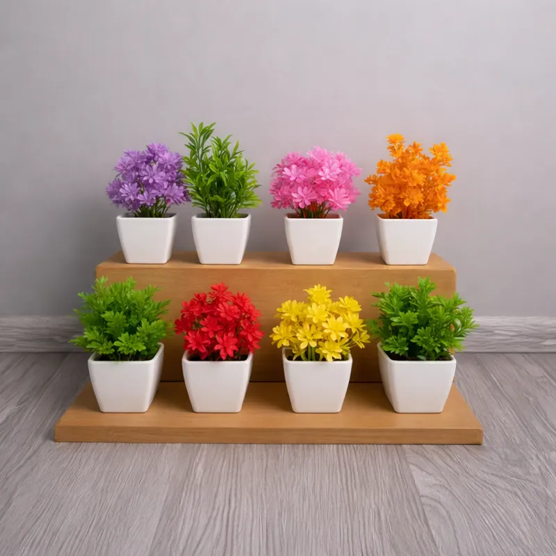 Set of 8 Artificial Mini Potted Plants | Colorful Decorative Fake Plants with White Pots for Home & Office Décor