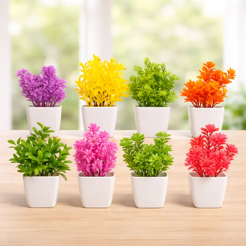 Set of 8 Artificial Mini Potted Plants | Colorful Decorative Fake Plants with White Pots for Home & Office Décor