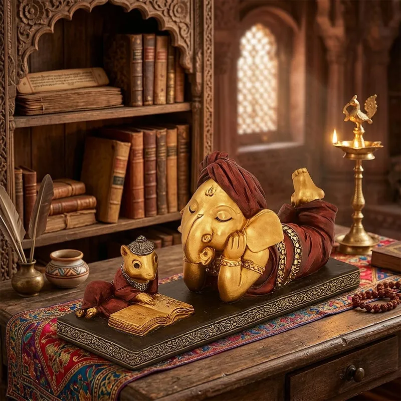 Sleeping Lord Ganesha Reading Book Showpiece – Resin Ganpati Idol for Home Décor