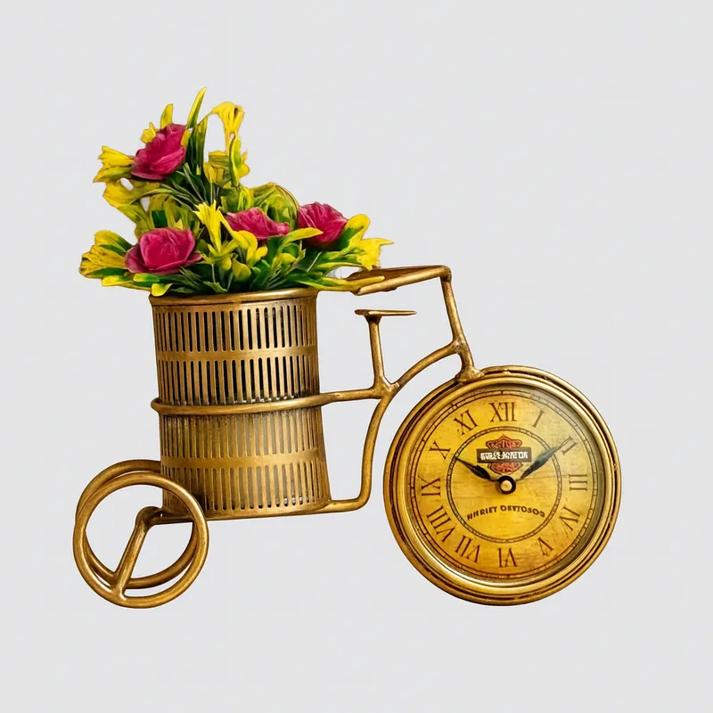 Vintage Metal Bicycle Clock Pen Holder & Flower Vase – Antique Desk Organizer & Home Decor