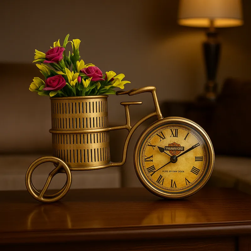 Vintage Metal Bicycle Clock Pen Holder & Flower Vase – Antique Desk Organizer & Home Decor