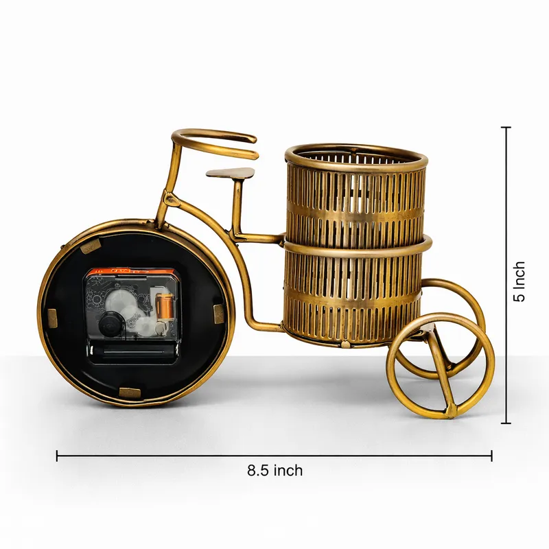 Vintage Metal Bicycle Clock Pen Holder & Flower Vase – Antique Desk Organizer & Home Decor