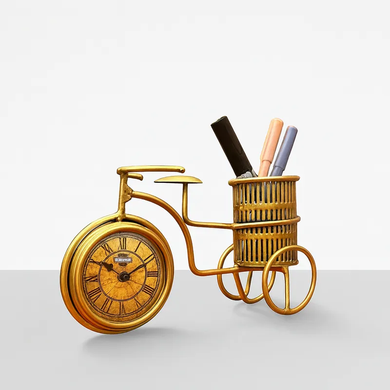 Vintage Metal Bicycle Clock Pen Holder & Flower Vase – Antique Desk Organizer & Home Decor
