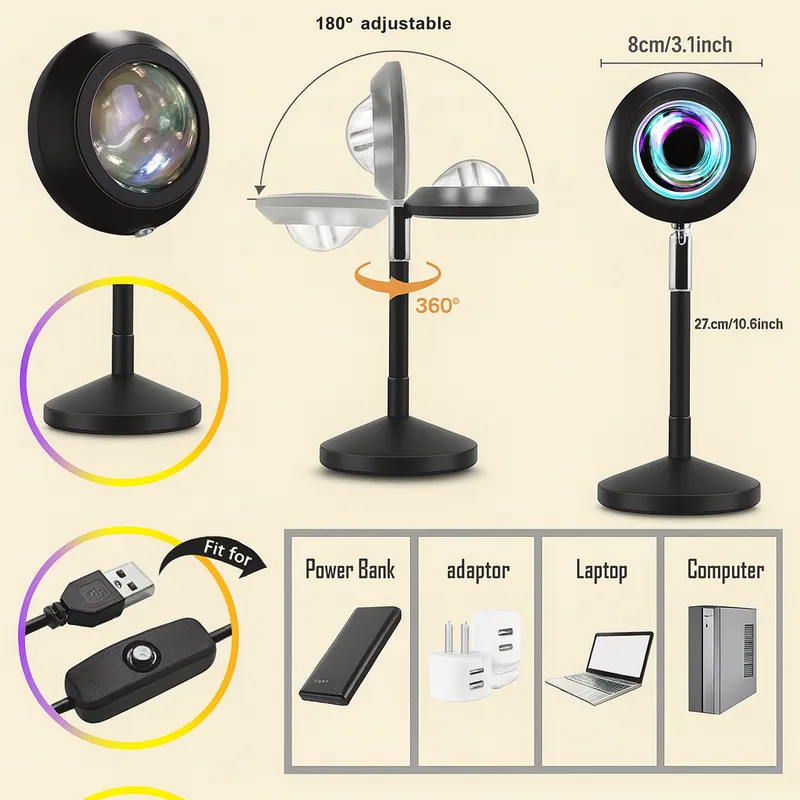 16 Colors RGB Sunset Projection Lamp with Remote | 360° Rotating LED Mood Light