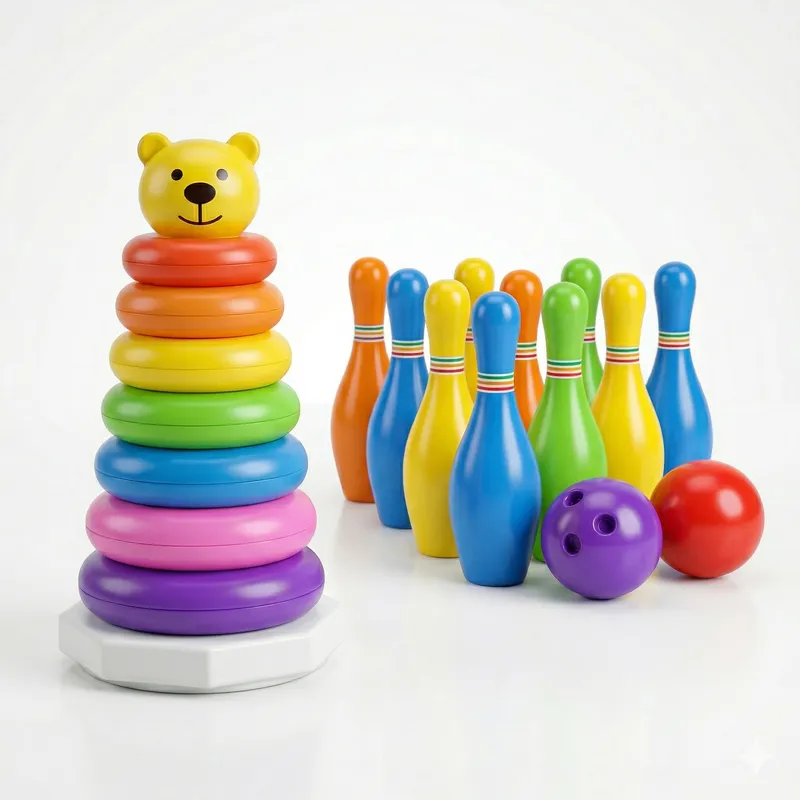 2-in-1 Kids Stacking Ring Toy with Bowling Set | Educational Color Sorting