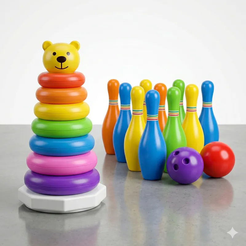 2-in-1 Kids Stacking Ring Toy with Bowling Set | Educational Color Sorting