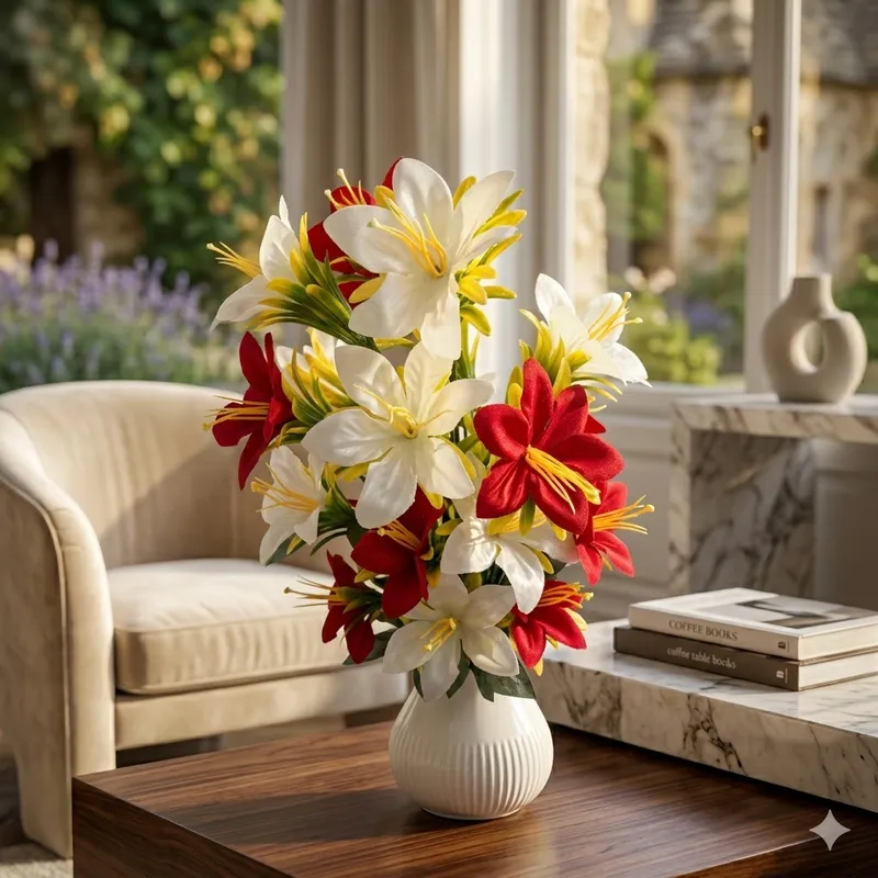 Artificial Lily Flower Arrangement with Ceramic Vase