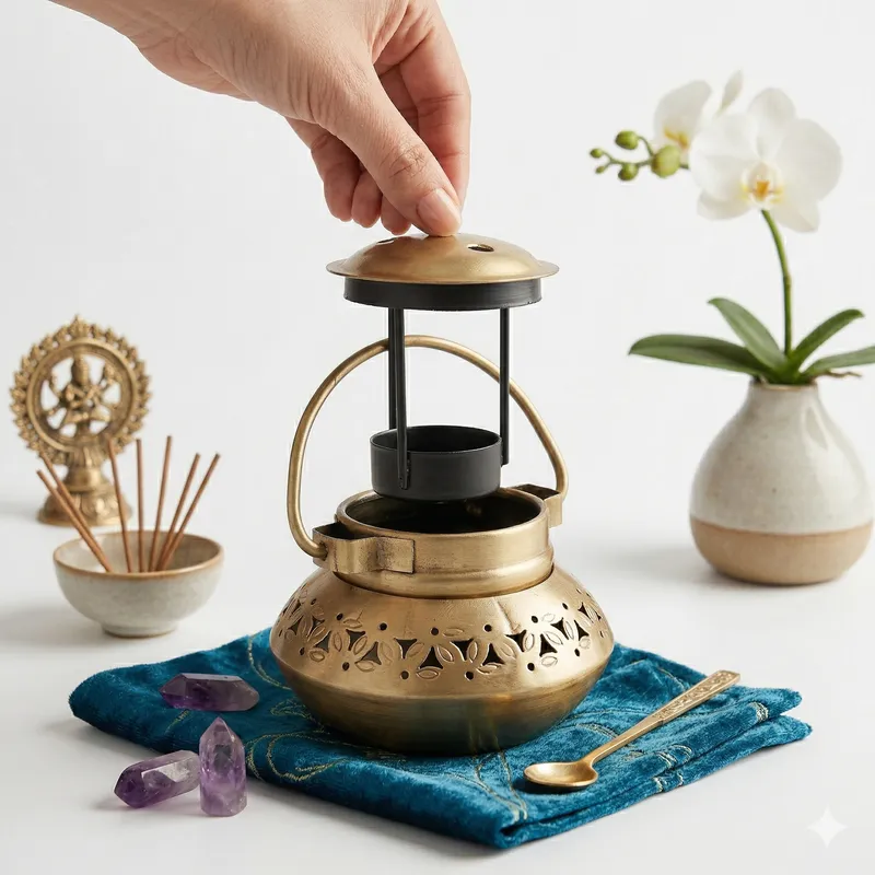 Brass Hanging Incense Burner (Dhoop/ Loban Holder) with Wall Bracket & Bells