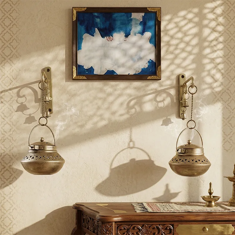 Brass Hanging Incense Burner (Dhoop/ Loban Holder) with Wall Bracket & Bells