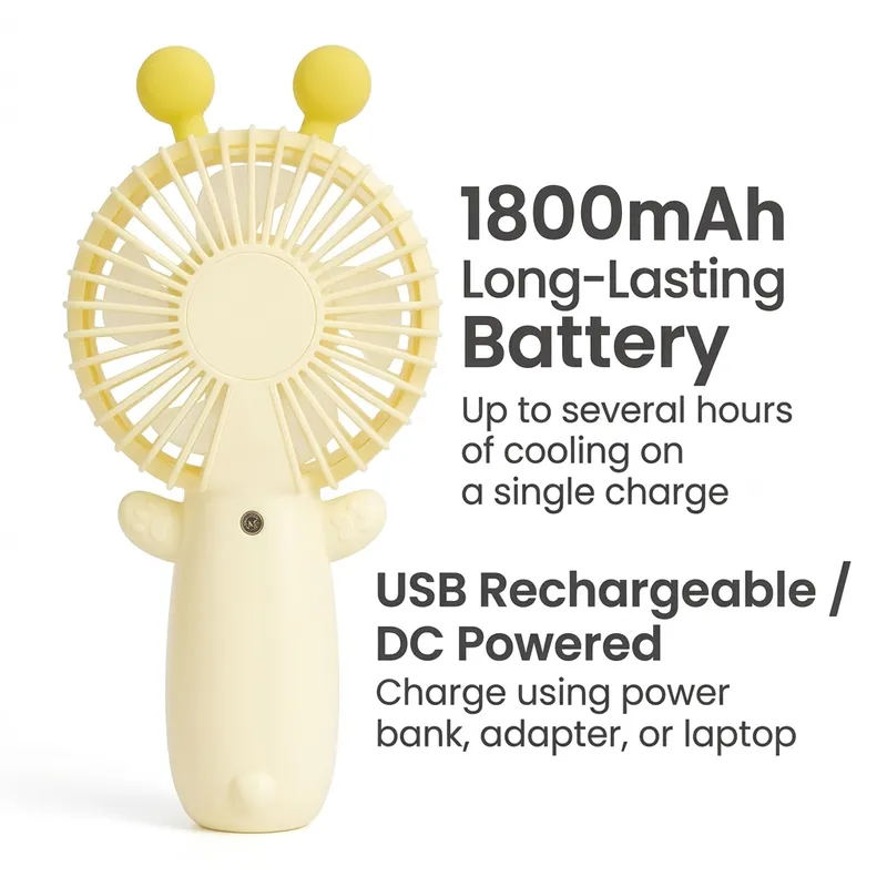 Cute Bear Mini Rechargeable Fan with 1800mAh Battery | USB Type-C Portable Handheld
