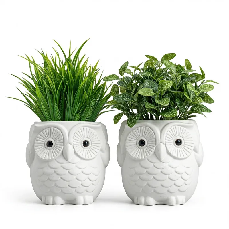 Cute Owl Ceramic Planter Pots with Artificial Plants (Set of 2)