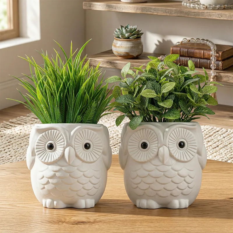 Cute Owl Ceramic Planter Pots with Artificial Plants (Set of 2)