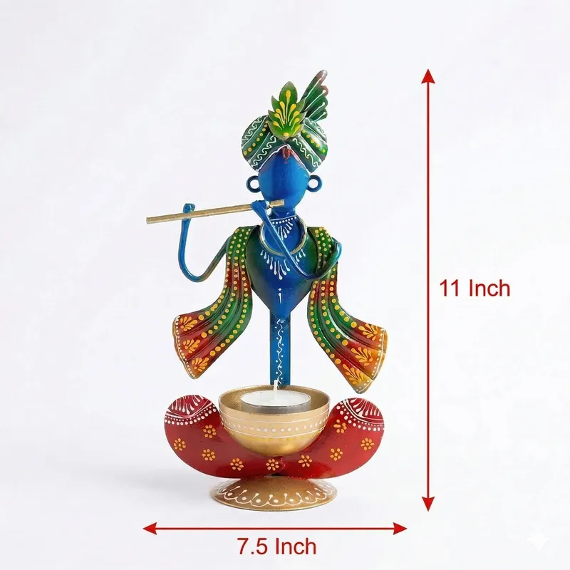 Handcrafted Krishna Metal Tealight Candle Holder (Multicolor)
