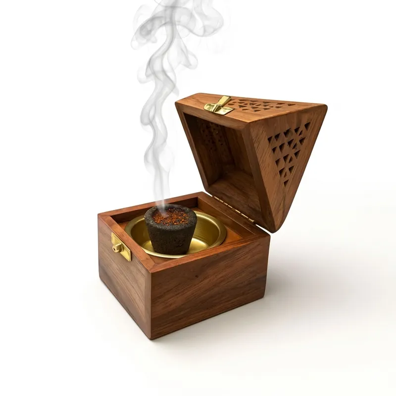 Handcrafted Wooden Dhoop Dani Box with Brass Cup – Pyramid Incense Burner for Camphor