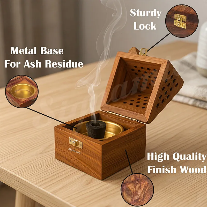 Handcrafted Wooden Dhoop Dani Box with Brass Cup – Pyramid Incense Burner for Camphor