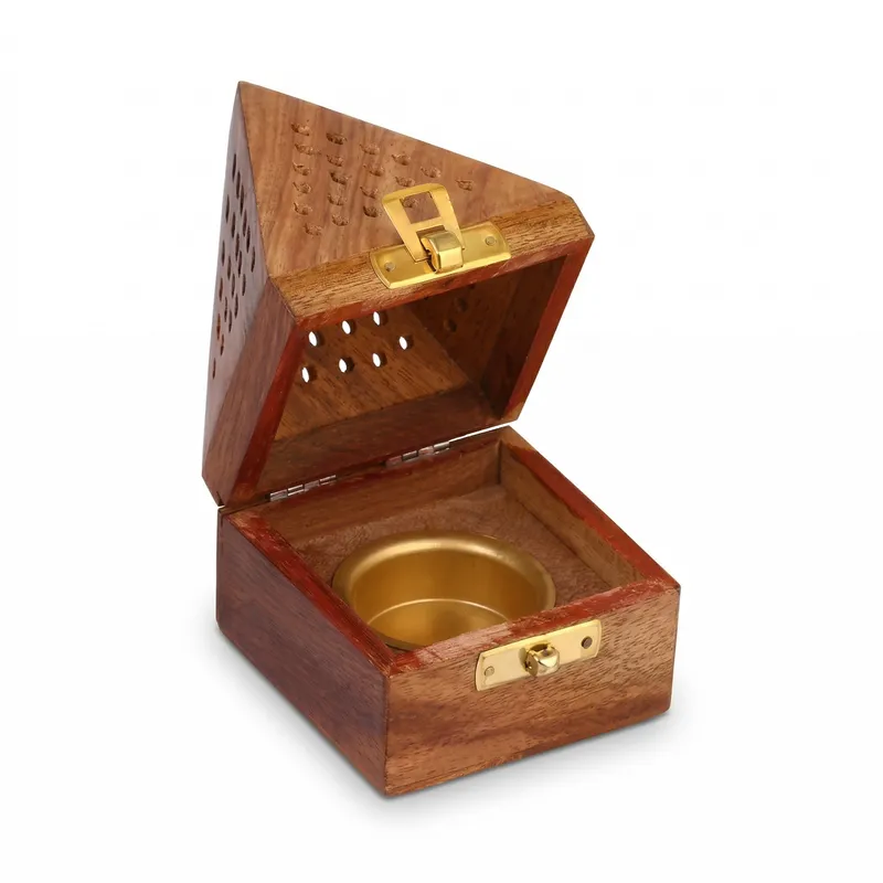 Handcrafted Wooden Dhoop Dani Box with Brass Cup – Pyramid Incense Burner for Camphor