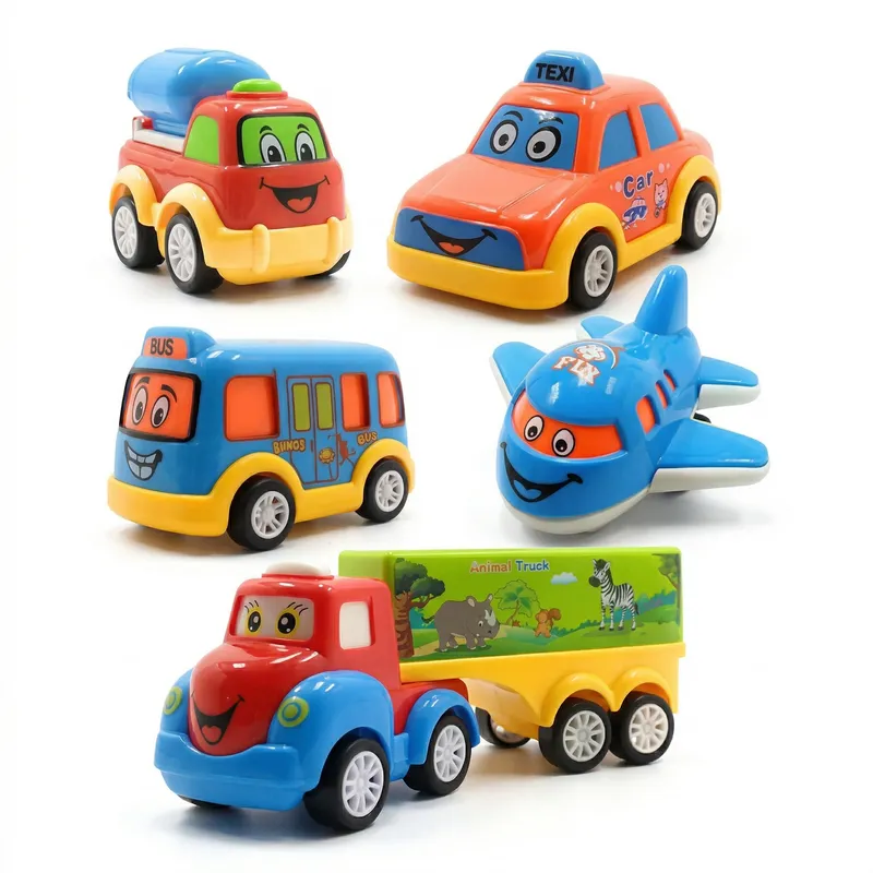 Kids Cartoon Vehicle Toy Set (5 Pieces) – Bus, Taxi, Airplane & Truck