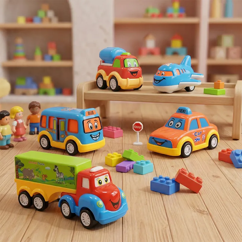 Kids Cartoon Vehicle Toy Set (5 Pieces) – Bus, Taxi, Airplane & Truck