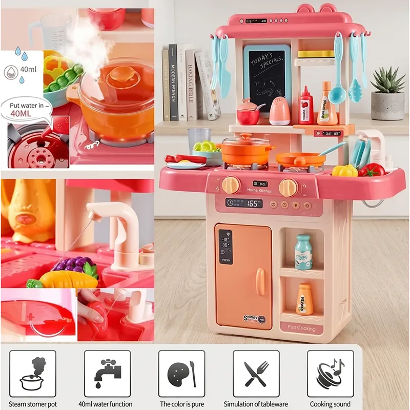 Kids Kitchen Play Set with Water & Steam Effect | Pretend Play Cooking Toy Set with Utensils