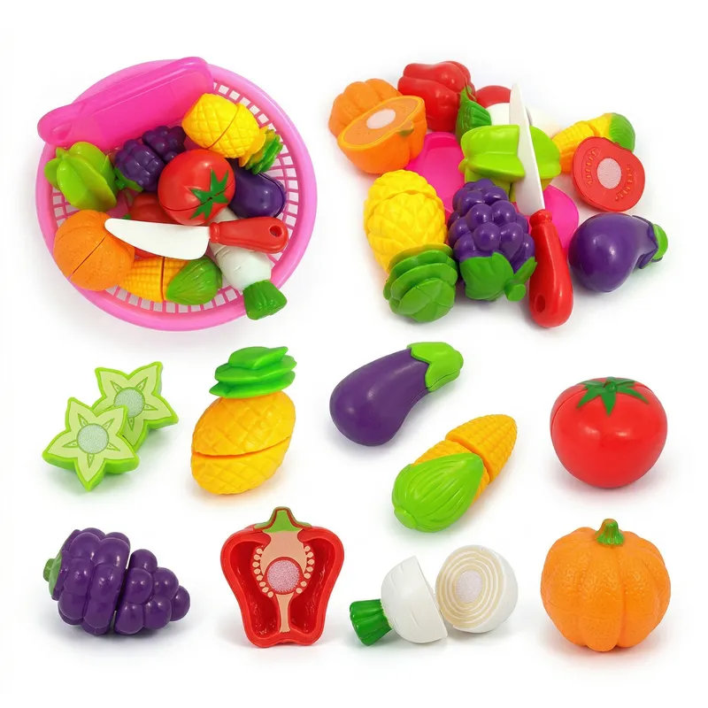 Kids Pretend Play Cutting Fruits & Vegetables Set with Knife & Chopping Board