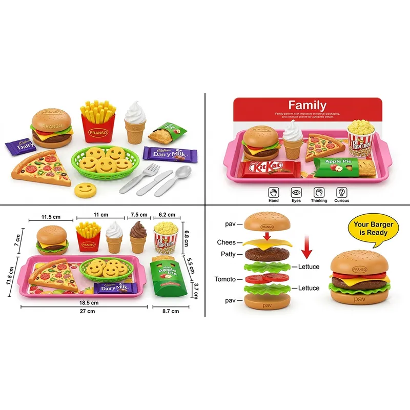 Kids Pretend Play Food Set | Burger Pizza Ice Cream Toy Set with Tray & Cutlery