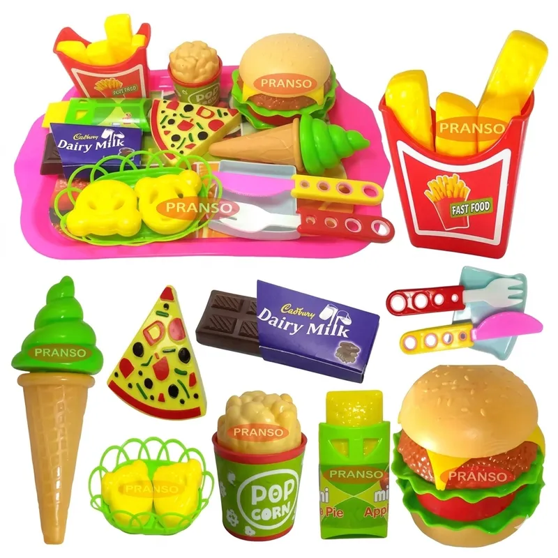 Kids Pretend Play Food Set | Burger Pizza Ice Cream Toy Set with Tray & Cutlery