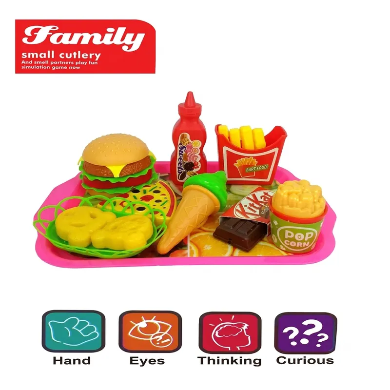 Kids Pretend Play Food Set | Burger Pizza Ice Cream Toy Set with Tray & Cutlery