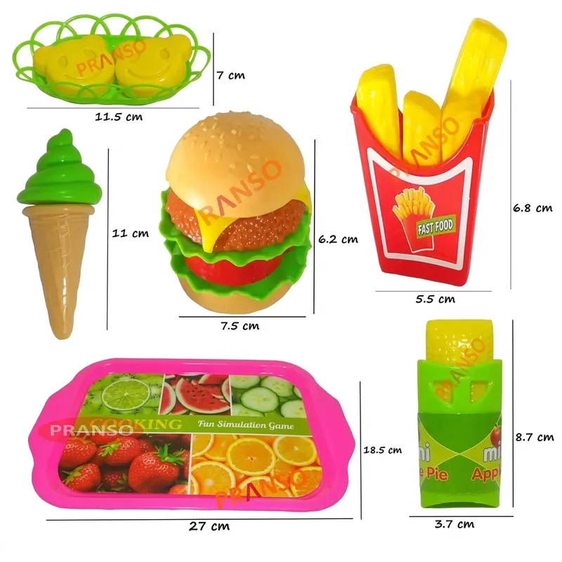 Kids Pretend Play Food Set | Burger Pizza Ice Cream Toy Set with Tray & Cutlery