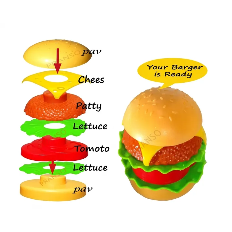 Kids Pretend Play Food Set | Burger Pizza Ice Cream Toy Set with Tray & Cutlery