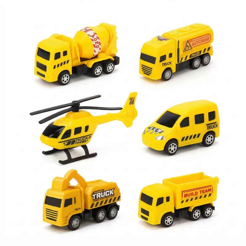 Mini Construction Vehicle Toy Set for Kids (6 Pcs) | Push & Go Trucks, Helicopter & Utility Vehicles