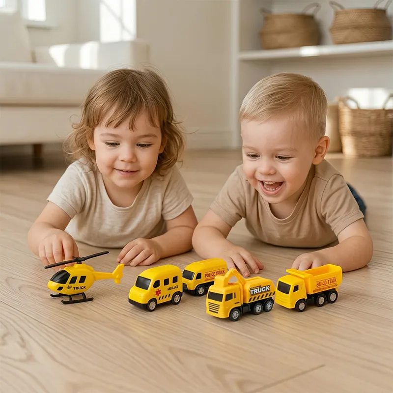 Mini Construction Vehicle Toy Set for Kids (6 Pcs) | Push & Go Trucks, Helicopter & Utility Vehicles